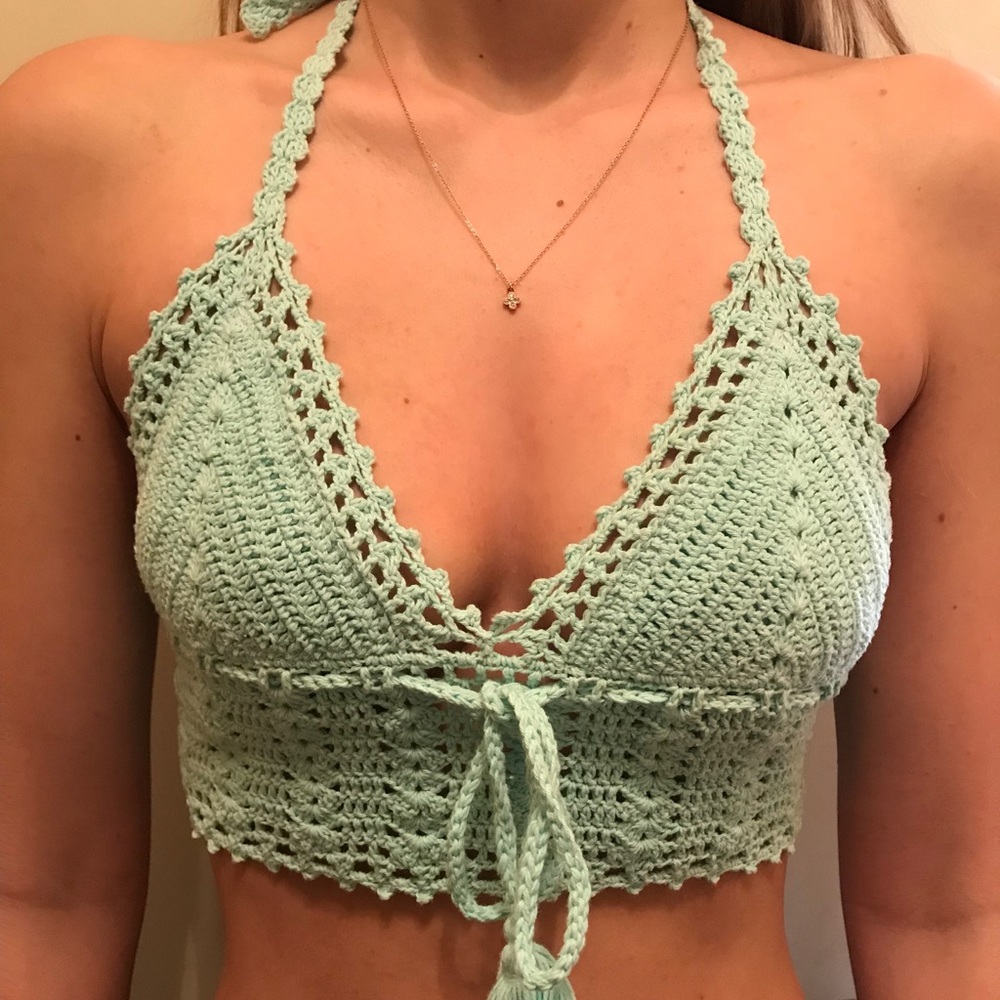 KENDALL + KYLIE halter light blue crochet top